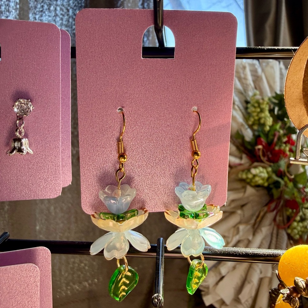 Floral Drop Earrings with Green and Gold Accents